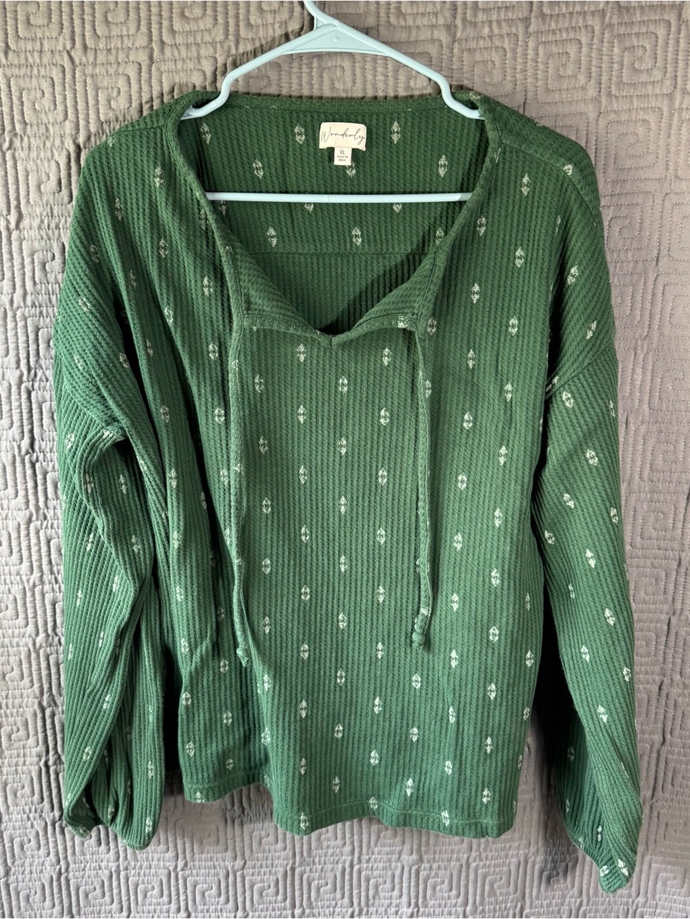Wonderly Blouse Women’s XL Green V-Neck String Long Sleeve Geometric 100% Cotton